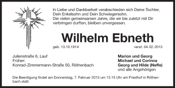 Traueranzeige von Wilhelm Ebneth von Pegnitz-Zeitung
